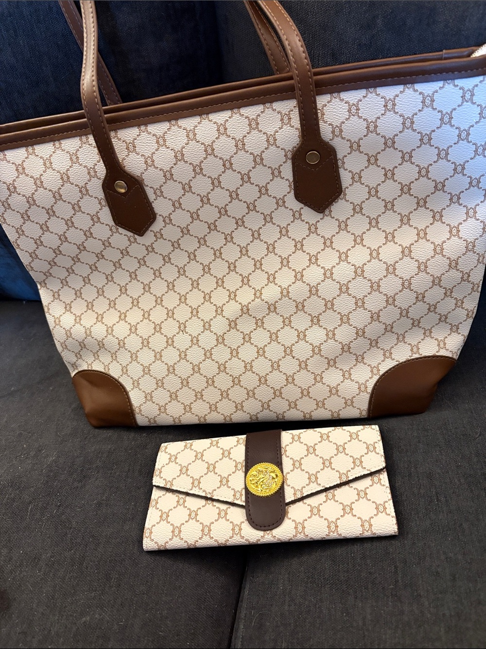 Designer-Inspired Cream and Brown Tote Bag with Matching Wallet